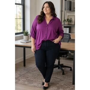 Lane Bryant Plus 26W Purple Polka Dot Button Down Shirt Workwear Casual Plus